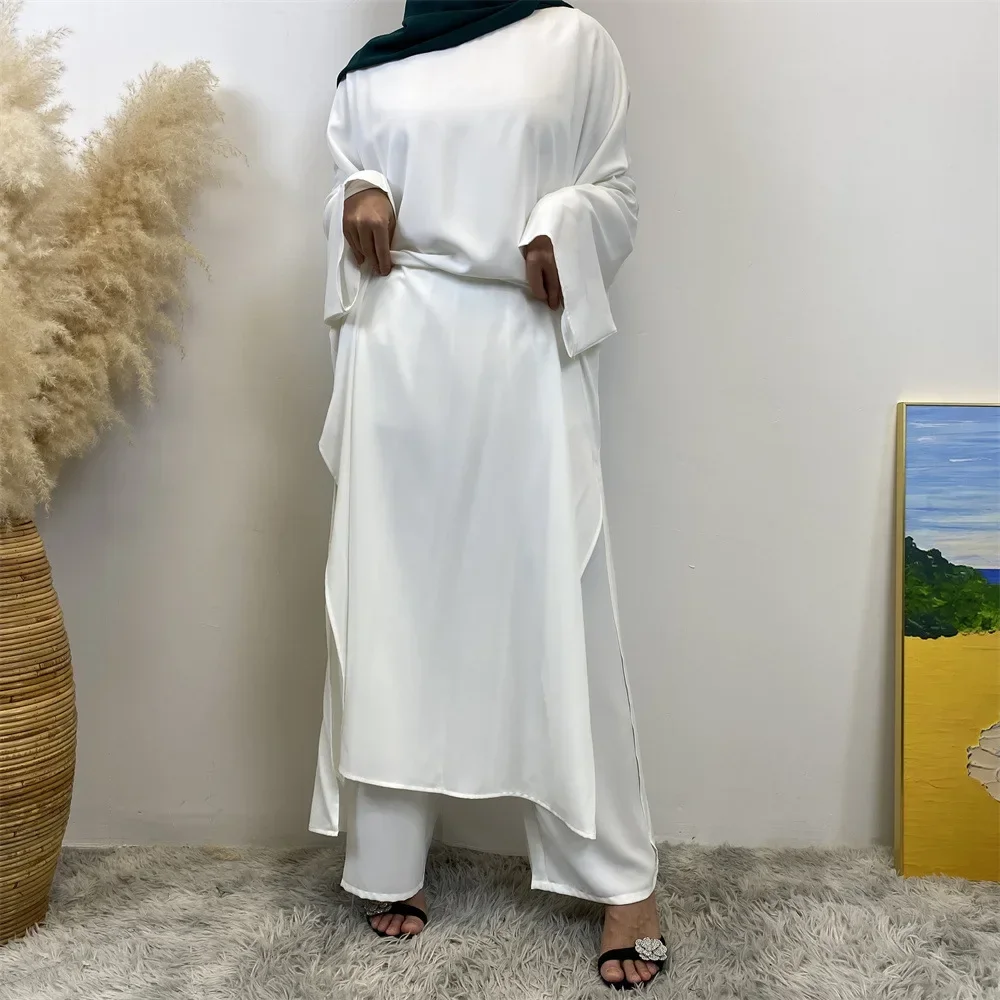 

2025 Saudi Arabia Muslim Wiomen Modest Dress Eid Dubai Plain Abaya Kaftan Islamic Holiday Party Solid Turkey Slit Long Clothes