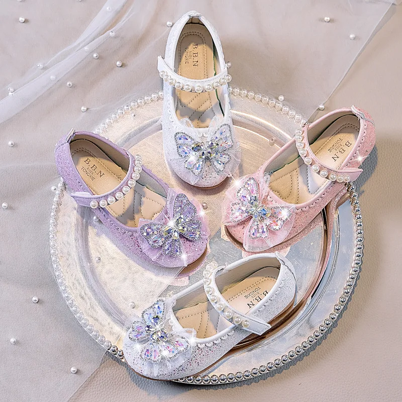 Girls Glitter Rhinestone Butterfly Pearl Mary Jane Flats Anti Slip Soft Sole Toddler Girls Wedding Party Princess Dress Shoes