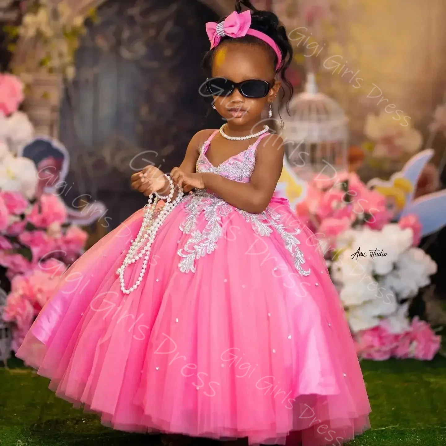 Vestido floral rosa quente para casamento, crianças, alça espaguete, apliques frisados, tule, vestido de aniversário, festa personalizada, vestido de baile