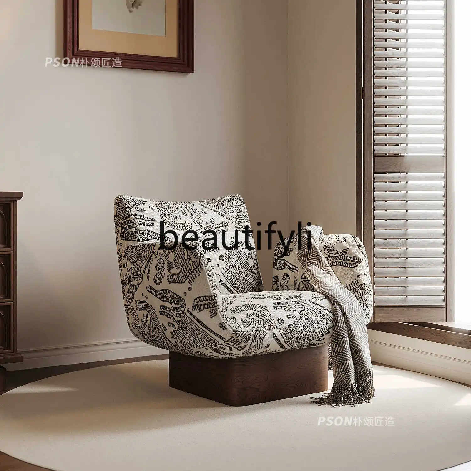 Solid wood single leisure sofa living room medieval   retro reclining chair resting area reception designer single chair