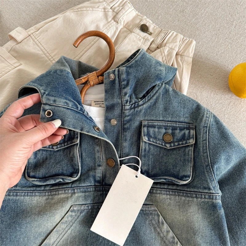 Autumn New Kids Coat 2-8T Vintage Style Boys Denim Hooded Pullover Childrens Clothes Trendy Girls Baby Loose Hoodie Outerwear