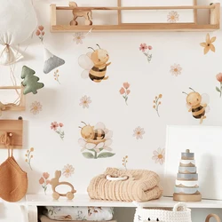 Boho Cartoon Bee Flowers Wall Stickers for Kids Room Baby Nursery Room Girl Room Wall Decals Watercolor Decor