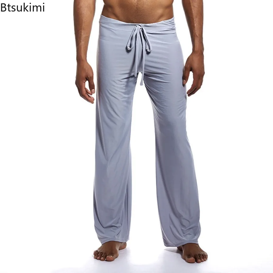 

New Men's Summer Ice Silk Running Yoga Trousers Solid Low-waisted Drawstring Casual Pants Male Sports Fitness Home Sleep Bottoms