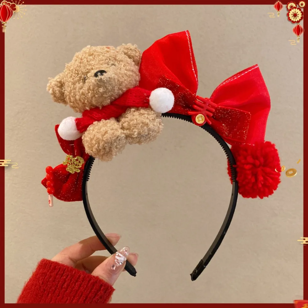 

Sweet Cartoon New Year Headband Red Pony Red Velvet Bow Hairband Plush Doll Little Bear Plush Hair Hoop New Year Headpiece