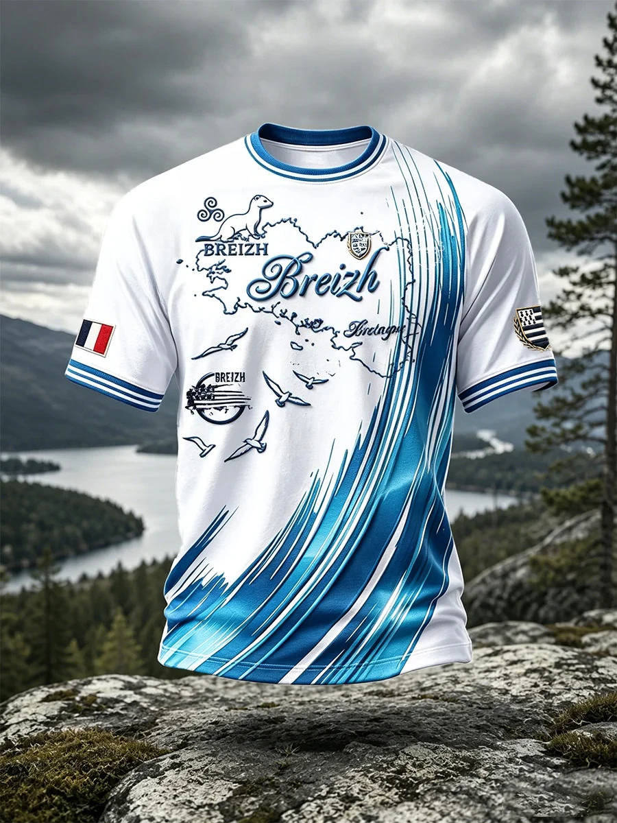 Breton Pattern T-shirt From France - Sea Eagle Blue - Dynamic Stripes Print - Waterproof and Quick-Drying Short Sleeve T-shirt