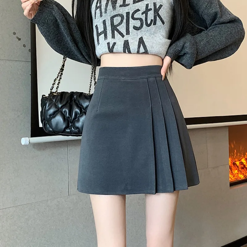 Korean Sle High Waist A-Line Skirt Women's Winter New Faion Slimming f-length Polyester Fiber Warm Folded ort Skirt