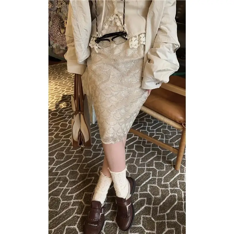 Slimming Effect Fish Scale Embroidery Heavy Beading Mid-Length Elastic Waist Half Skirt Women's Fashion Spring Summer New Arr...