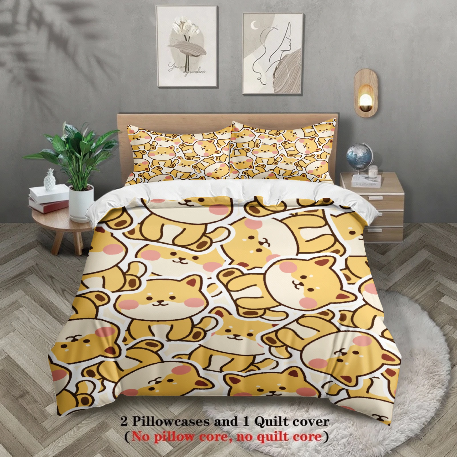 3pcs Yellow Cat Bedding Sets 3D Printed Cute Cartoon Cat Dormitory Twin Size For Students Duvet Cover Sets With 2Pillowcases