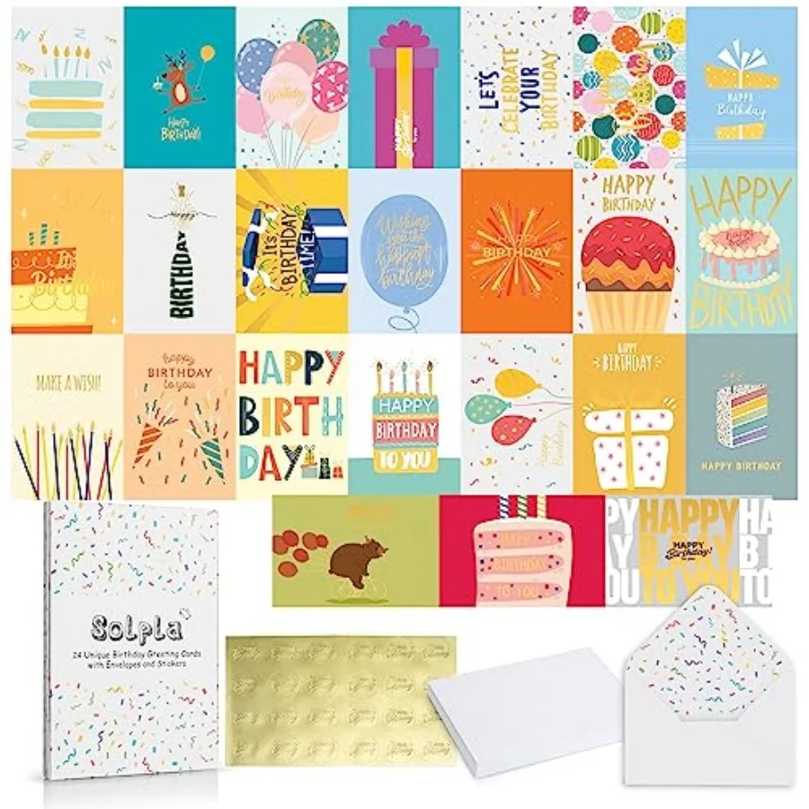 24 Pack Unique Gold Foil Birthday Cards with Envelopes and Stickers 4x6 Inches Blank Happy Birthday Cards Assortment in Bulk fo