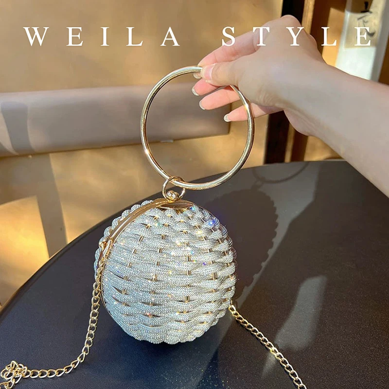 Round Weave Evening Clutch, 3D Sphere Metal Birdcage Box Bag, Shiny Dinner Party Purse With Chain Strap, Crossbody Handbag