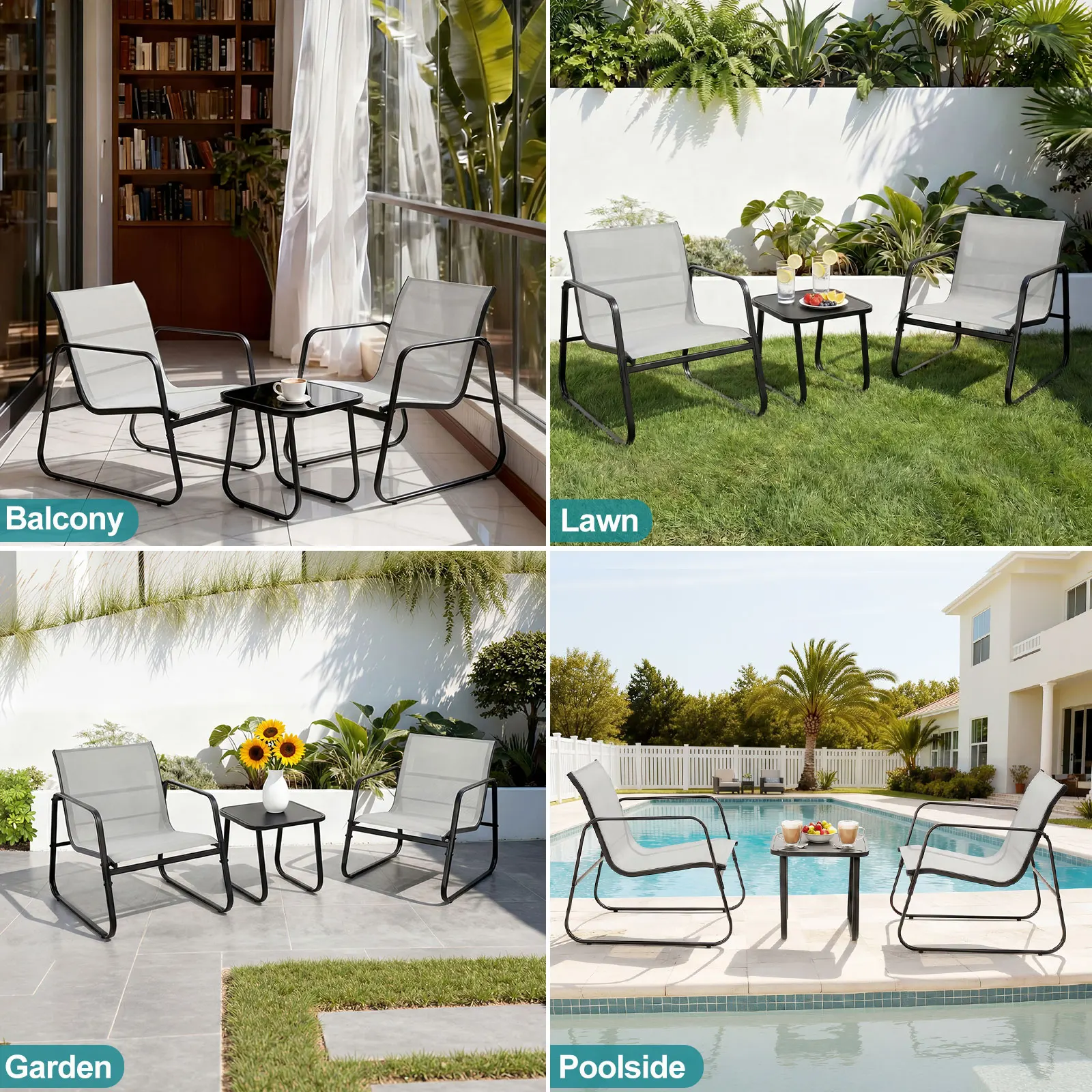 Muji-Inspired Minimalist Metal Frame Patio Bistro Set side elevation highlighting lumbar support alignment