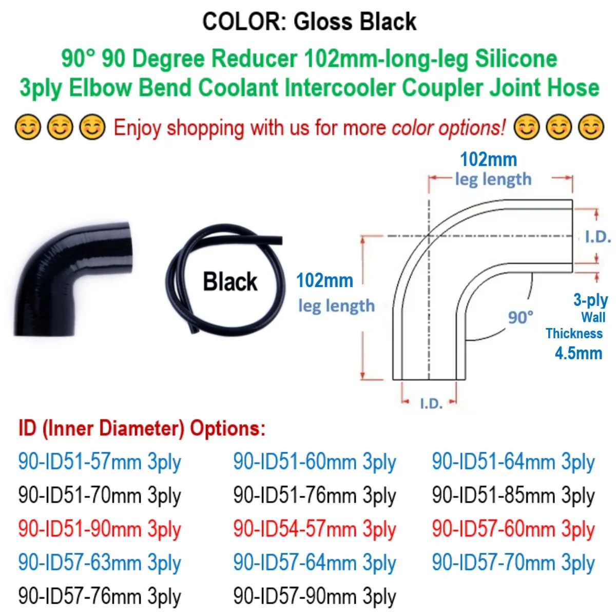 Gloss Black 90° 90 Degree Reducer Elbow ID 51 54 57 60 63 64 70 76 85 90 mm Silicone Bend Coupler Joint Hose 3ply 102mm-long-leg