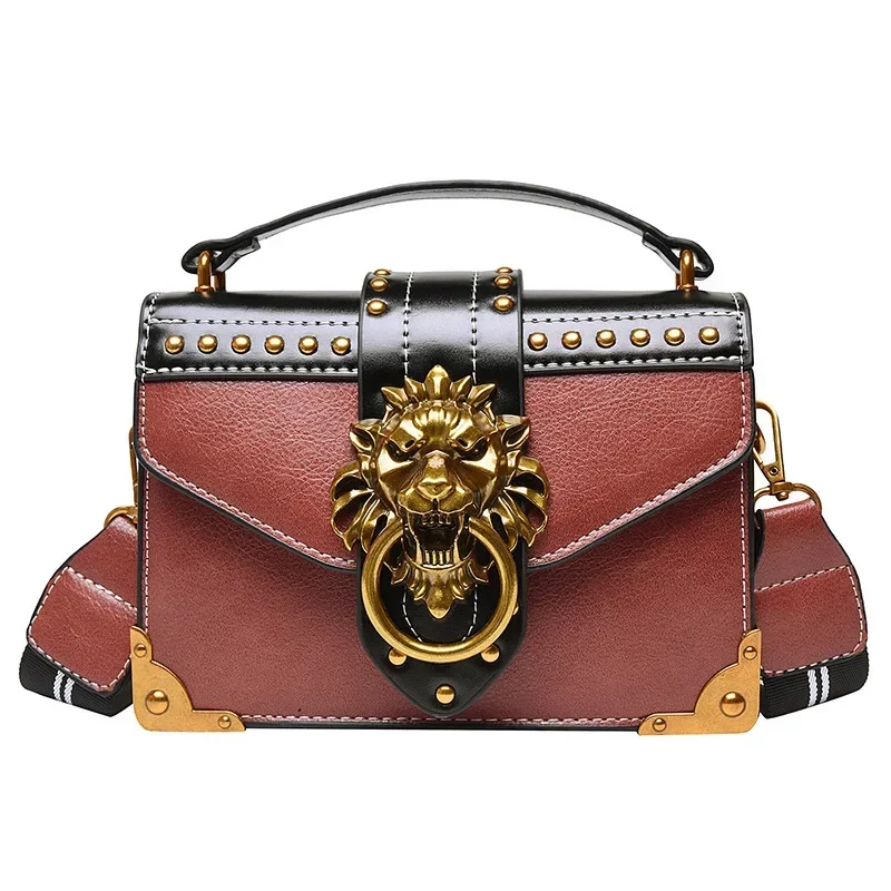 Retro Women\'s Fashion Handbag Messenger Bag Metal Lion Head Brand Shoulder Bag Mini Square Storage Bag