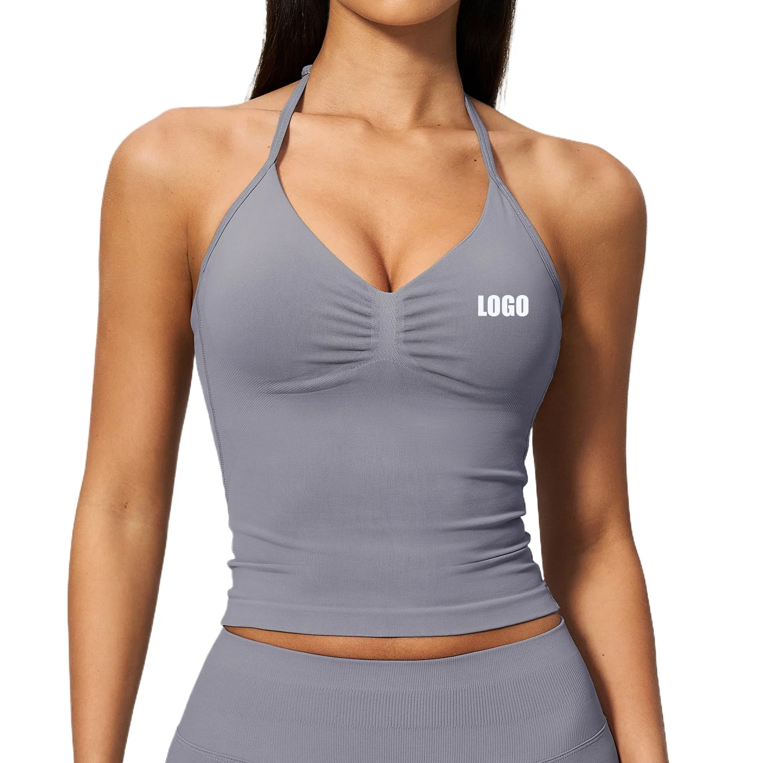 Custom LOGO women's seamless yoga vest neck V-neck beautiful back quick-drying gathering breathable yoga sports vest