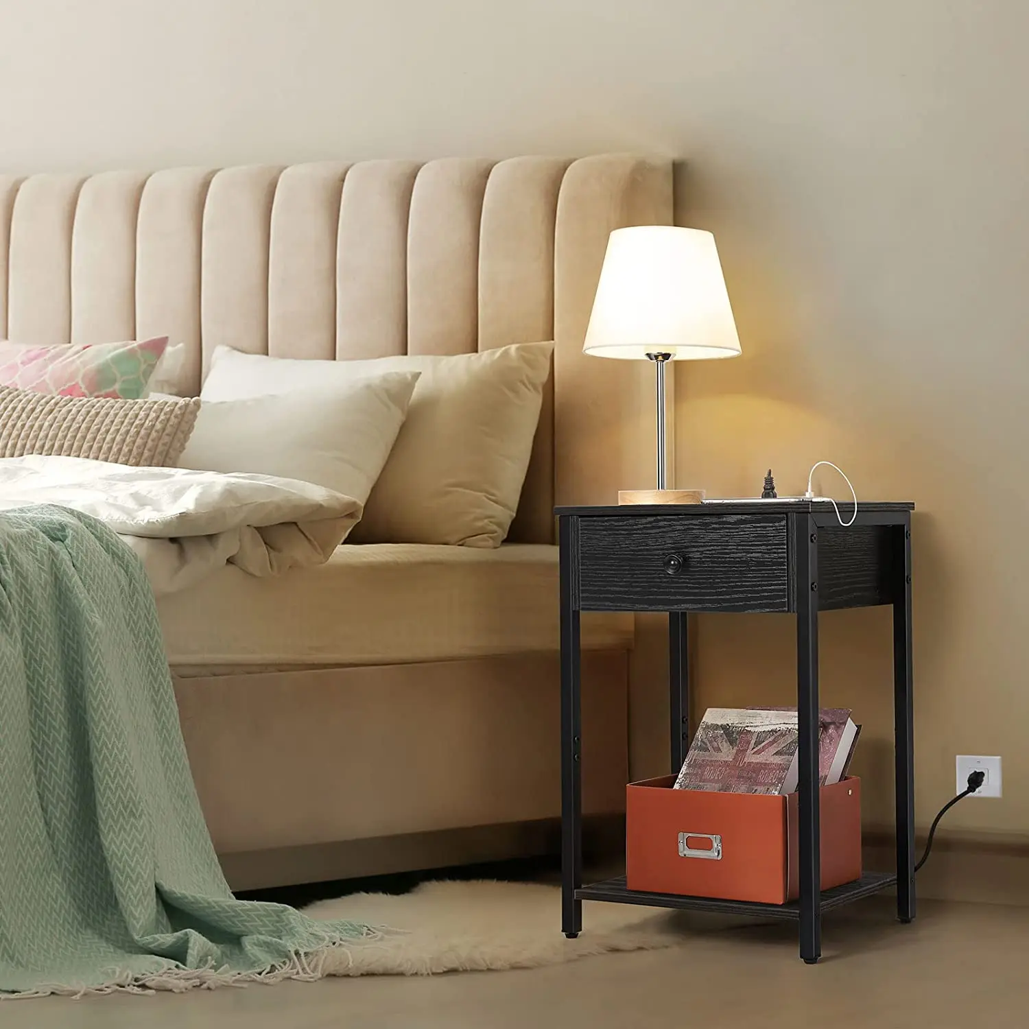 Bedside table with row plug hanging drawer - three USB versions suitable for bedrooms