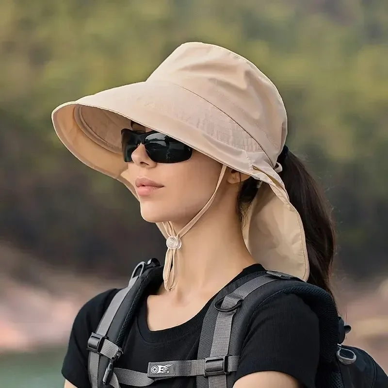 Summer Hats for Women Outdoor UV Anti Neck Protection Sun Visors for Lady Fishing Hiking Wide Brim Shawl Sunscreen Ponytail Cap