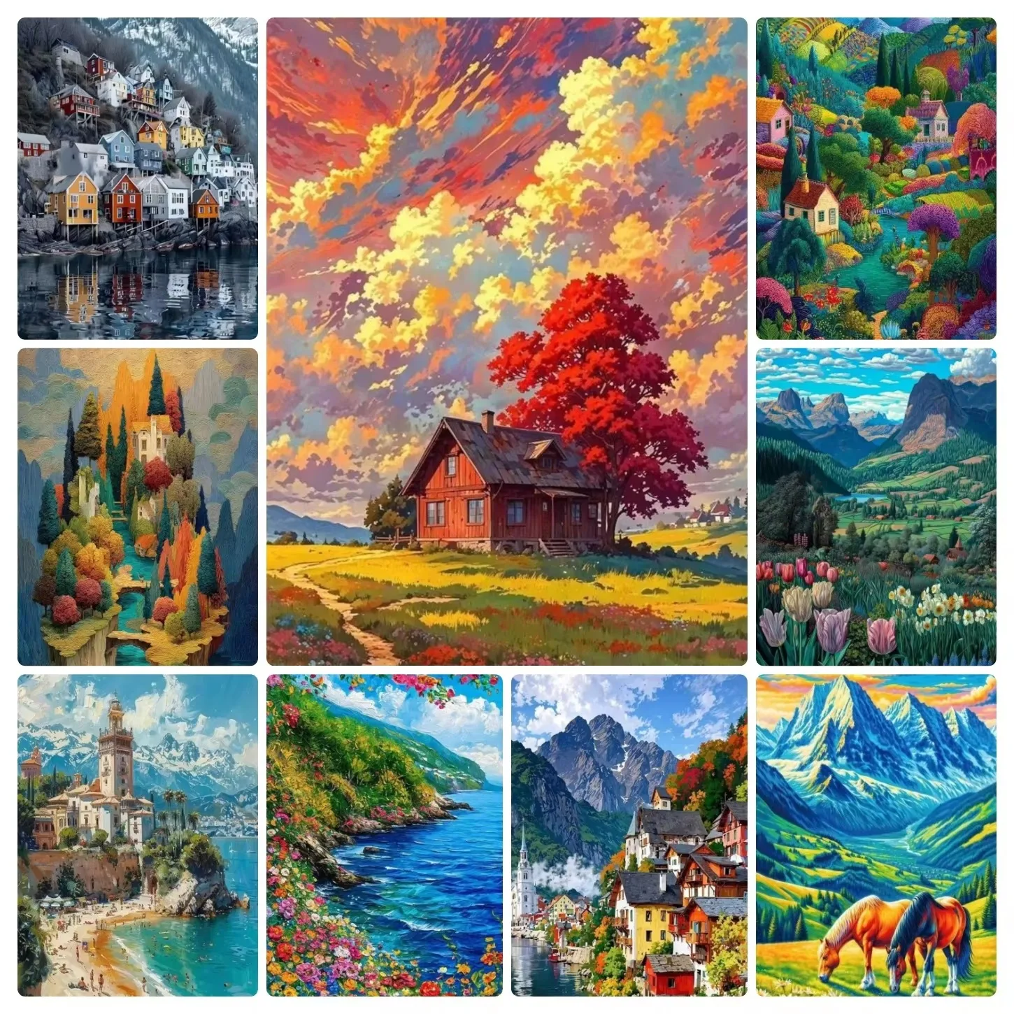 Rural Landscape Art 500/1000/1200/2000PCS No Frame Jigsaw Puzzle Mountain House Seaside Town Desktop Art Collectible Gift