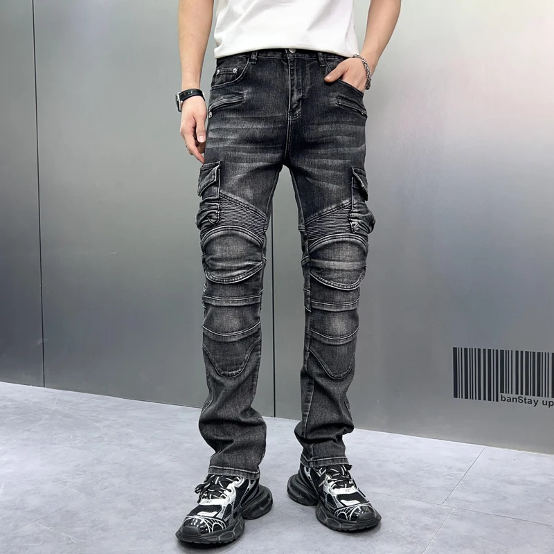 2024 personalized fashion premium black men\'s loose jeans slim fit heavy duty vintage wash men\'s street biker denim pants