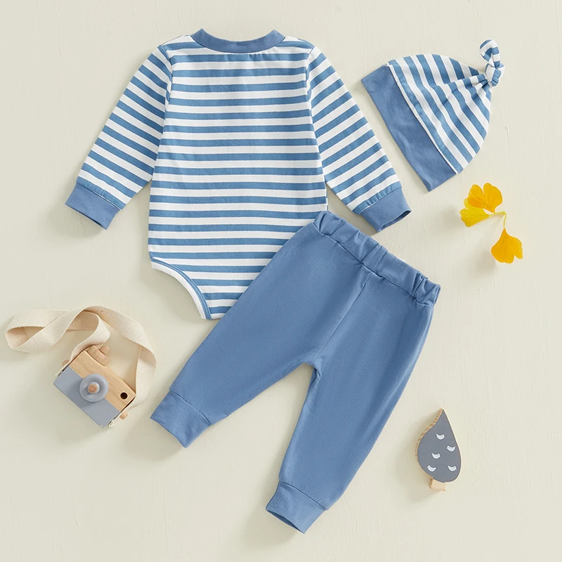 0-18 Months Baby Boy Fall Outfit Striped Print Long Sleeve Rompers and Elastic Waist Pants Hat Set Spring 3 Piece Clothes