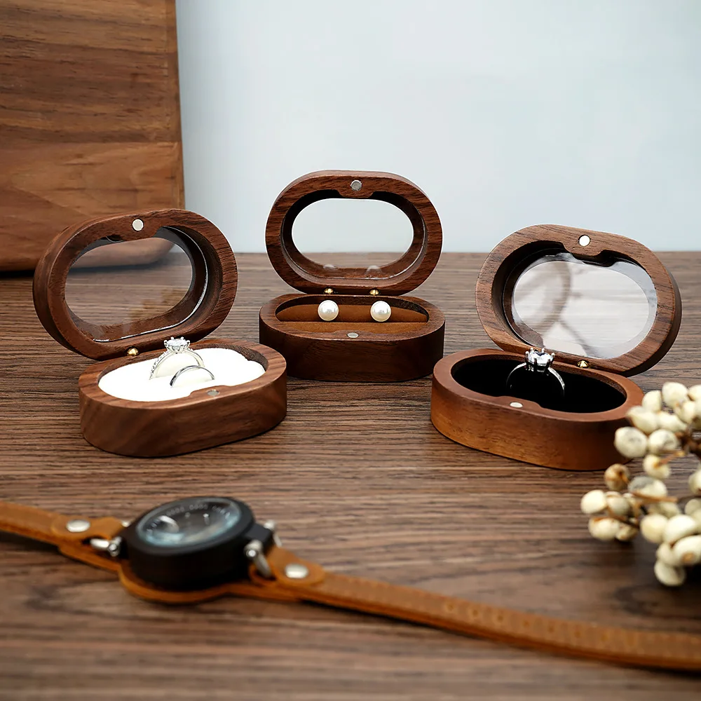 Oval Walnut Wood Jewelry Box Oval Ring Organizer with Clear Window/No Window Magnetic Lid for Rings, Earrings, Small Jewelry