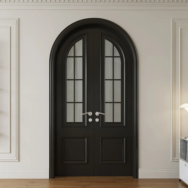 Custom Light Luxury Curved Arched French Painted Solid Wood Double Door Black American Style for Clothing Store Room Entrance