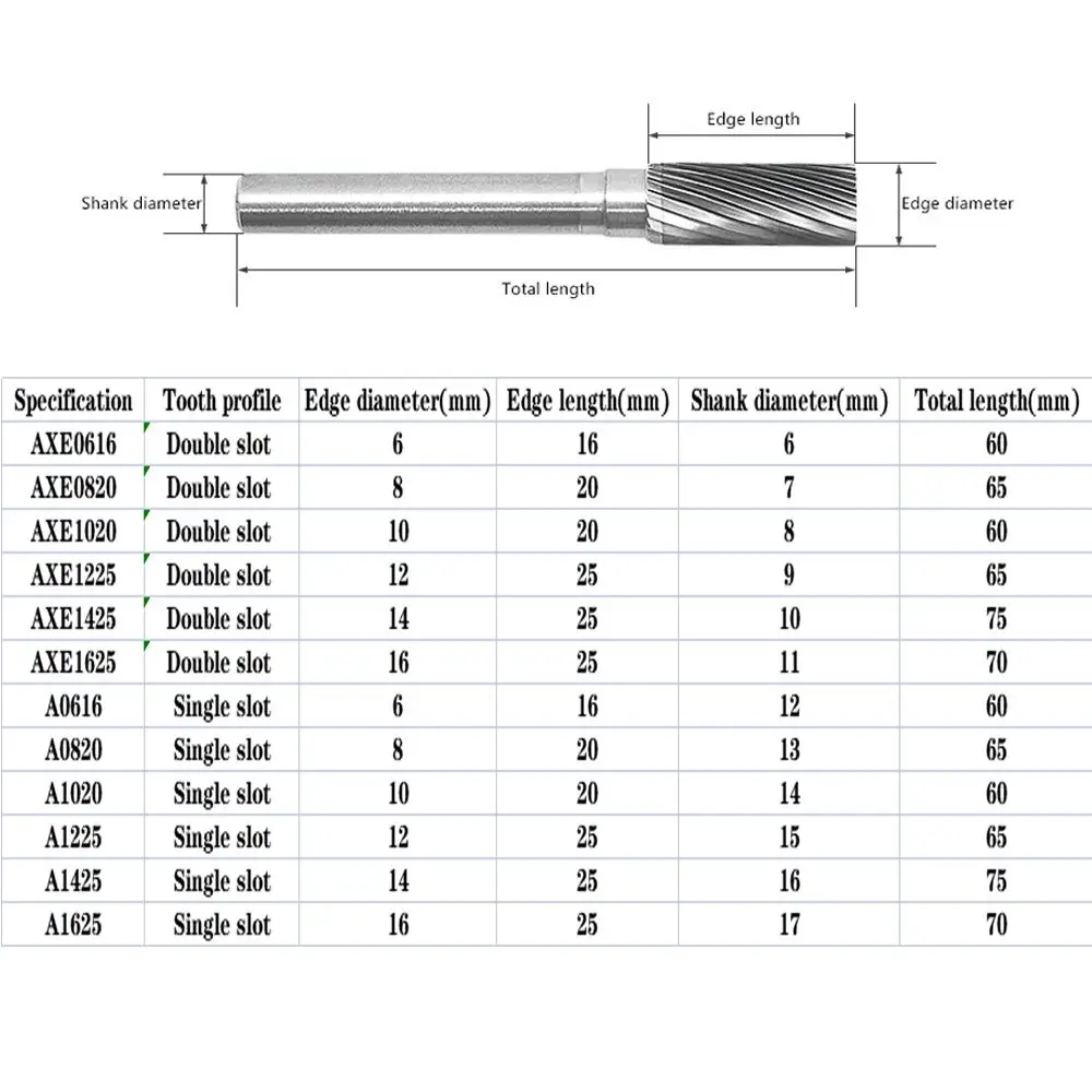 Tipo cilíndrico Tungsten Steel Milling Cutter, Moagem Head, Single e Double Slot Rotary File, 6mm