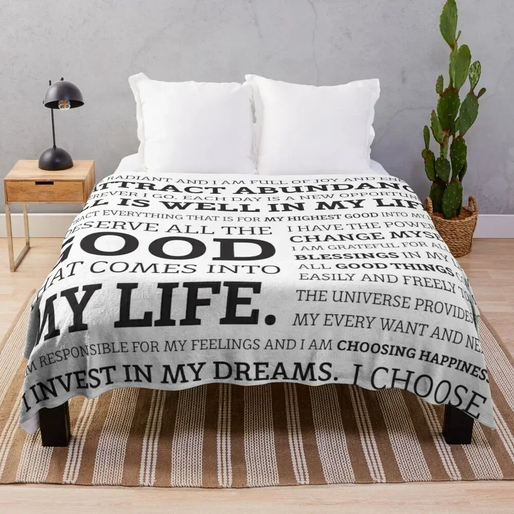 

Positive Affirmations (Black on White/Grey) Throw Blanket Cozy Napping Blanket Gift for Mom Dad