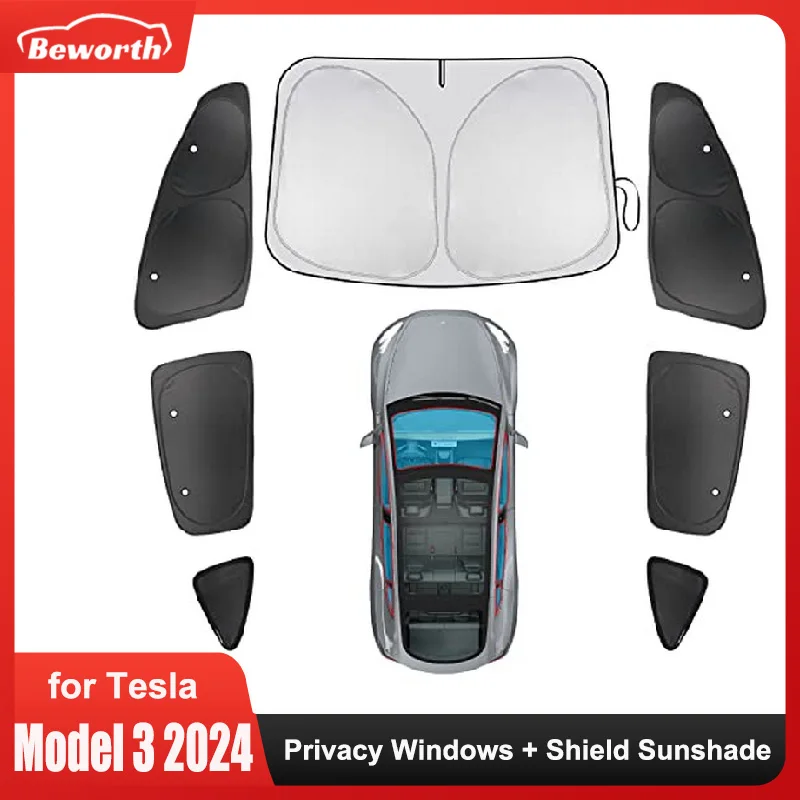 Privacy Full Sunshade For Tesla Model 3 Highland 2024 Side Windows Front Windshield Sun Shades Reflective Cover Sunproof UV Rays