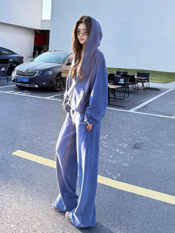 

Повседневный спортивный комплект American Sle Spicy Girl, женский осенне-зимний синий свитшот с капюшоном, длинные брюки, комплект из двух предметов