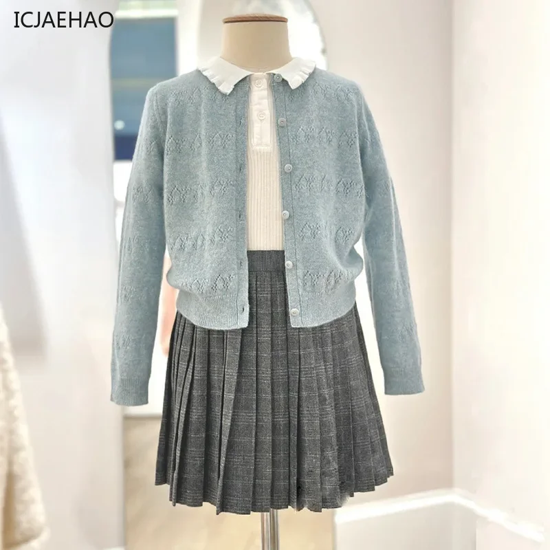 ICJAEHAO 2024 Kids Wool Korean Knitwear Girls Cherry Cardigan Lake Blue Long Sleeve Sweaters Autumn Children Clothing Outerwear