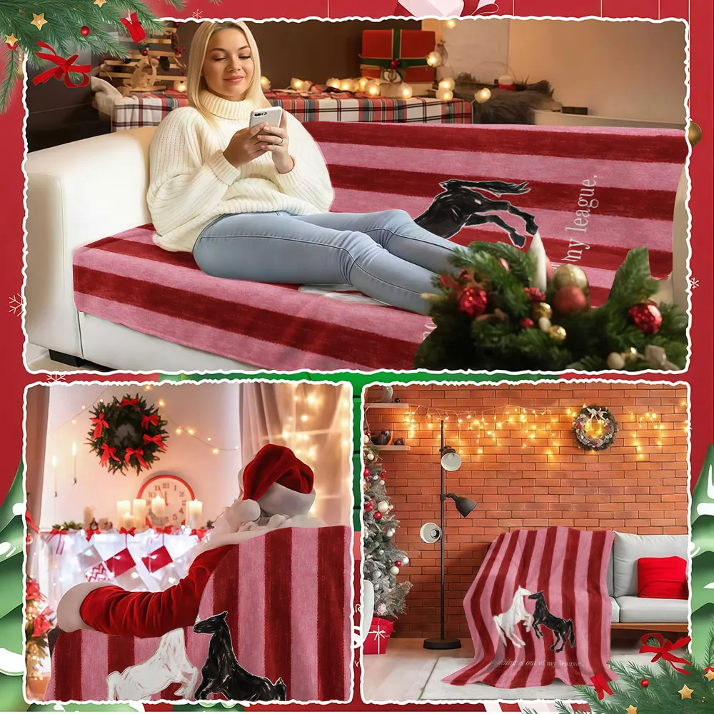 Pink Red Stripes Horses Winter Summer Flannel Blanket Throw Fleece Soft Fuzzy Plush Cozy Fleece Blankets for Sofa Ideal Gifts