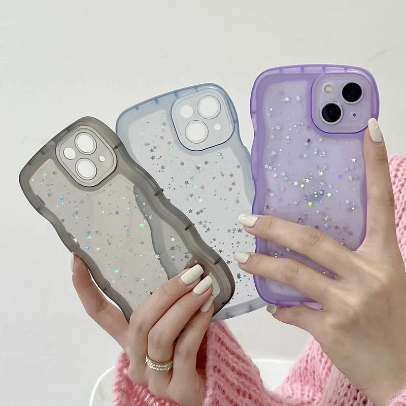 Cute Curly Drip Glue Star Case, Clear Wave Soft Cover Shockproof Shell for iPhone 11 12 13 14 15 16 17 Pro Max Mini