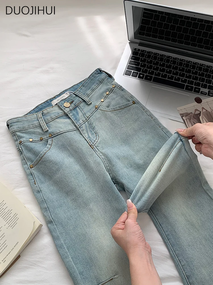 DUOJIHUI Spring Blue Rivets Distressed Women Jeans New High Waist Slim Fashion Flare Casual Pockets Full Length S-L Female Jeans