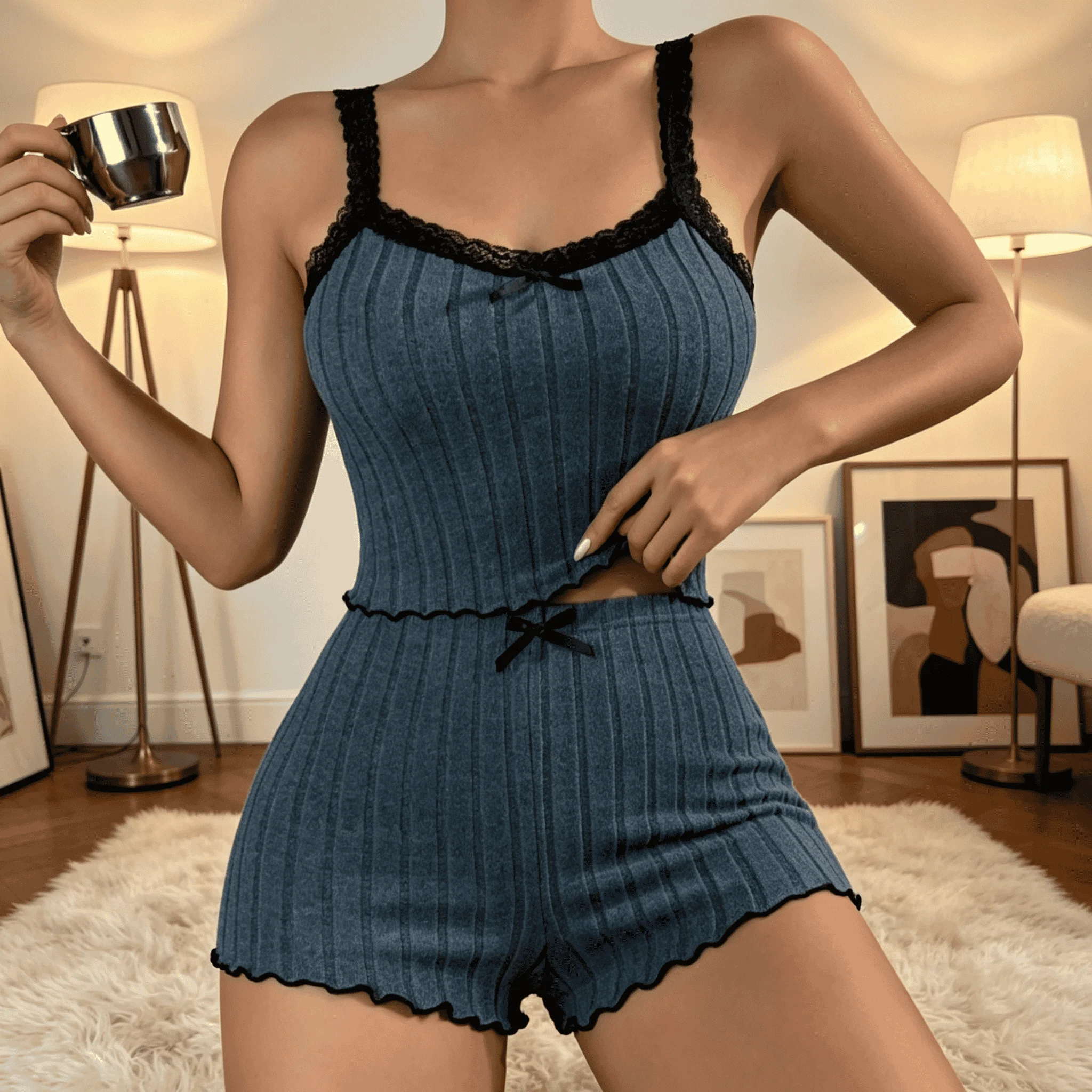 Women Cute Summer Ribbed Knit 2 Piece Pajama Set Lace Trim Bow Cami Crop Top Lettuce Hem Shorts Soft Casual Loungewear Sleepwear view 3