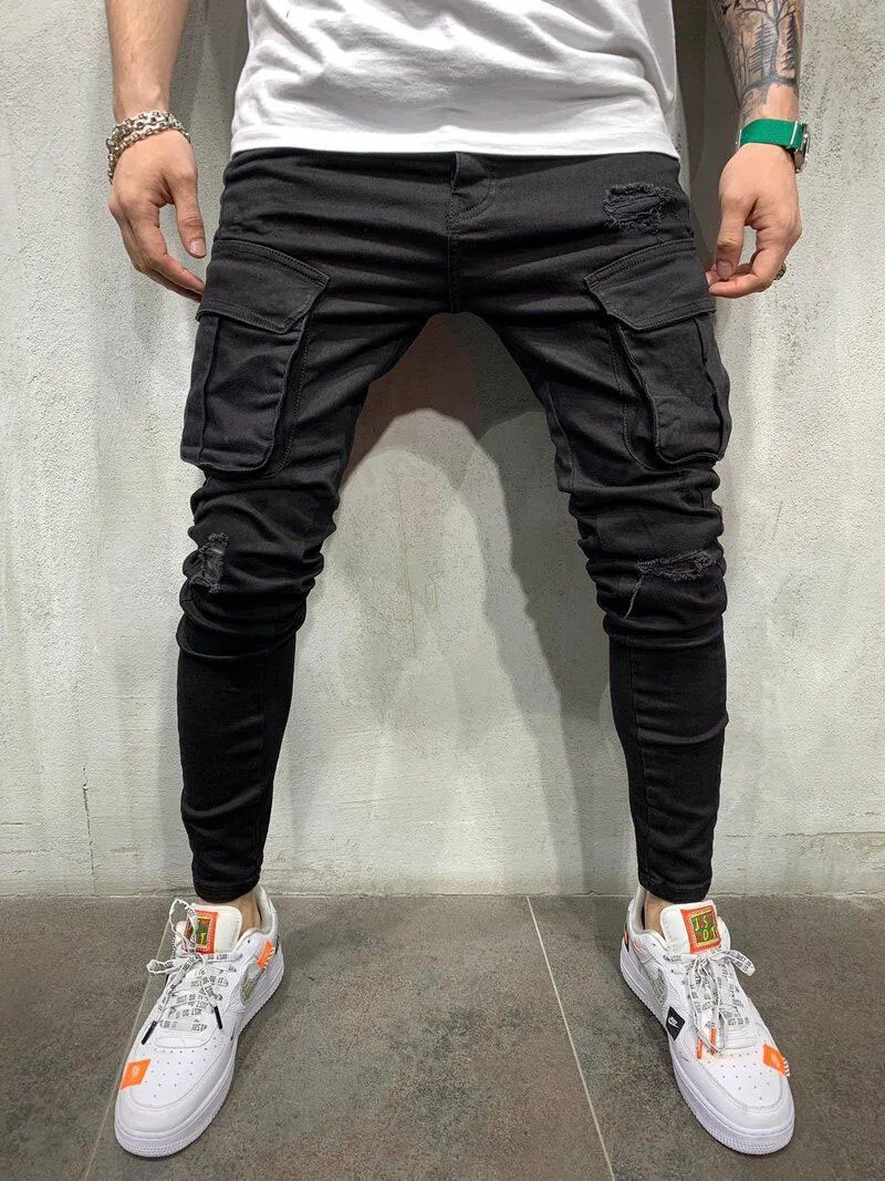 Męskie elastyczne z wieloma kieszeniami Slim Fit porwane jeansy czarne spodnie z elastyczną gumką w pasie Motociclista Cargo traight męskie męskie