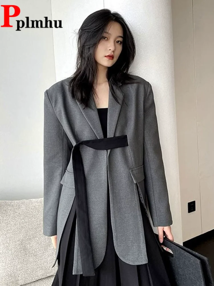 

Элегантный костюм с поясом, женские повседневные деловые мешковатые куртки на одной пуговице, свободные куртки с лацканами и разрезом, корейский модный топ Chaquetas