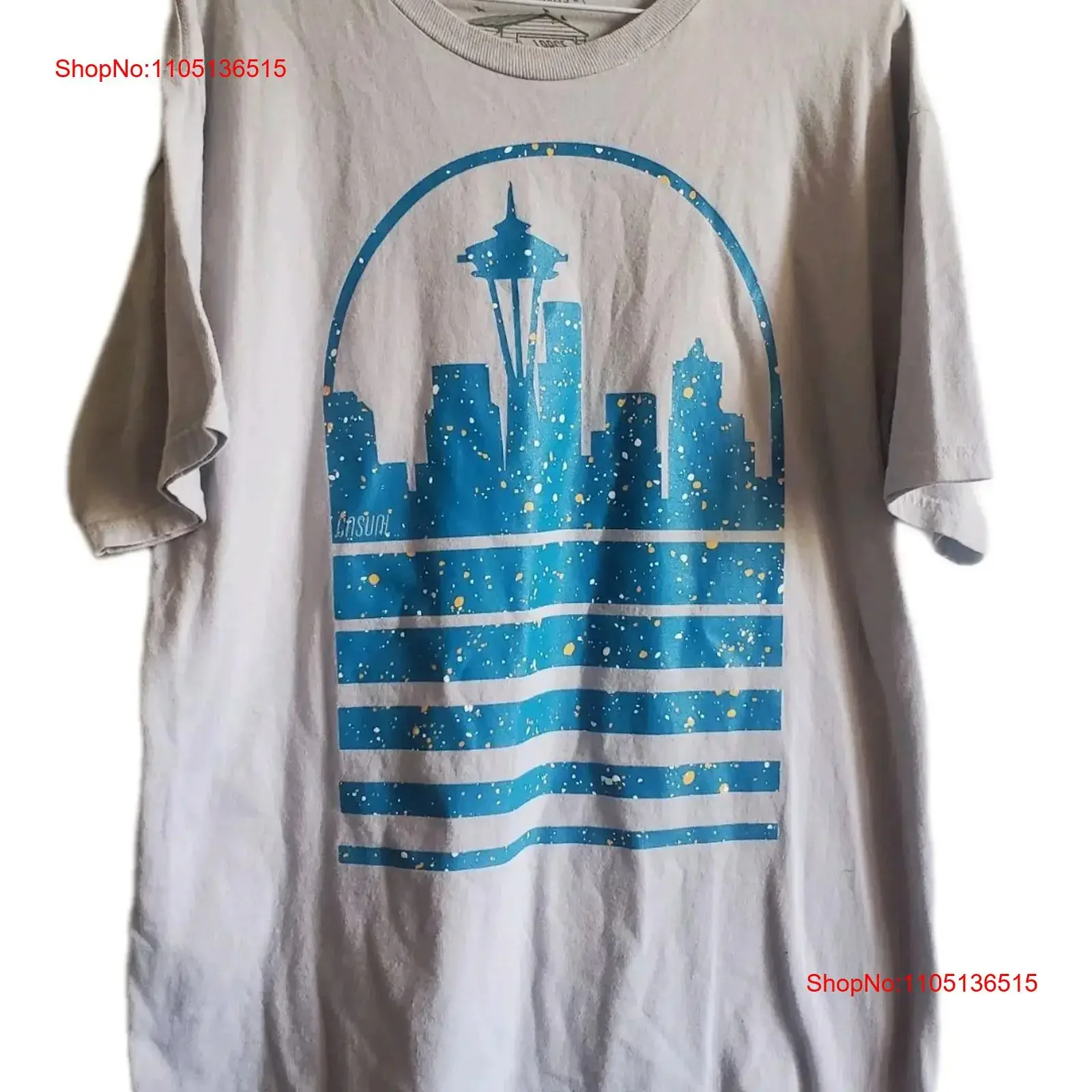 SEATTLE SPACE NEEDLE FULL PRINT T Shirt By Casual Industrees Mens Large vintage Washed designer clothes Top For Everyday Wear