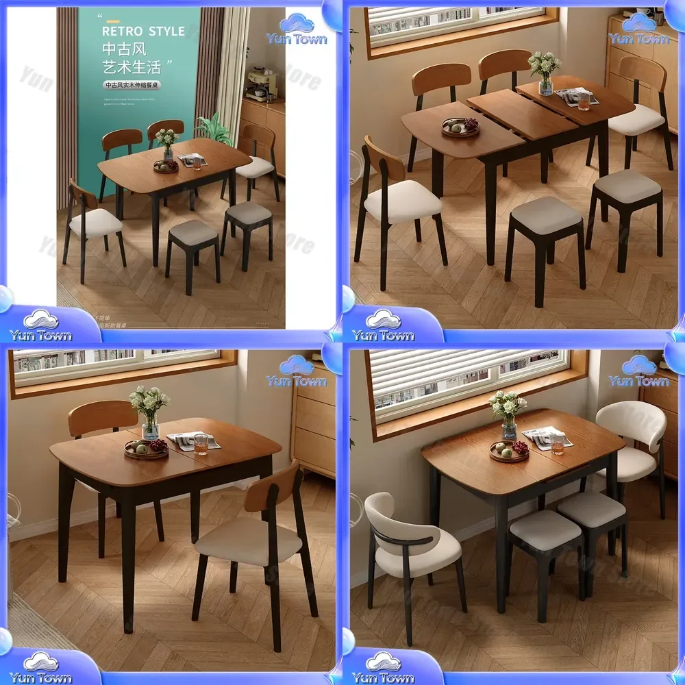 Medieval Style Solid Wood Dining Table for Apartment Household Retractable Folding Rectangular Dining Table and Chair Set