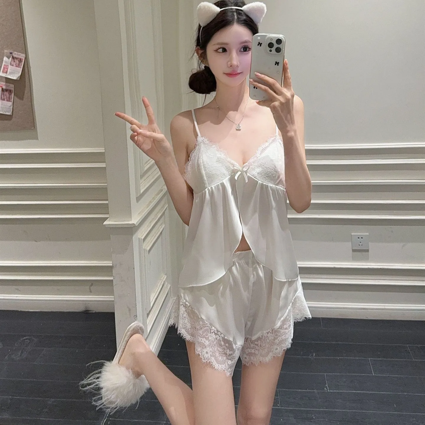 

Women Pajamas Set Sexy Suspender Split Top Lace Trim Shorts Pijamas Suit Sleepwear Intimate Lingerie Summer Rayon Satin Homewear