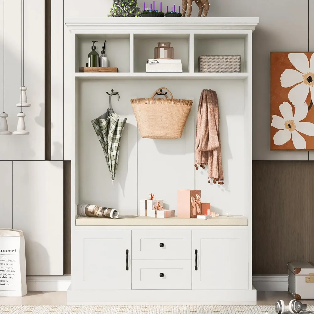 

Modern Hall Tree 70-inch Tall Entryway Coat Rack Hanger Storage Bench with Seat Cushion, Drawers & Hooks for Entrance Ha
