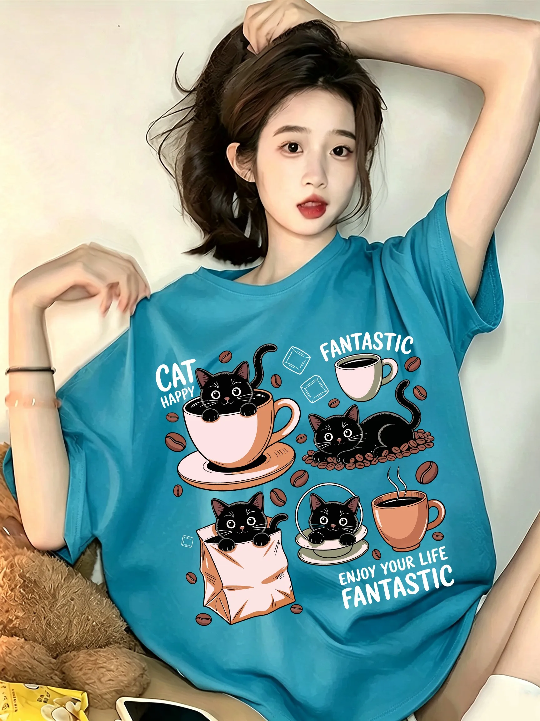 Enjoy Your Life Happy Coffee Cat Printed Woman Casual Soft Streetwear Cotton Trendy Short Sleeve Hip Hop Comfortable T Shirts