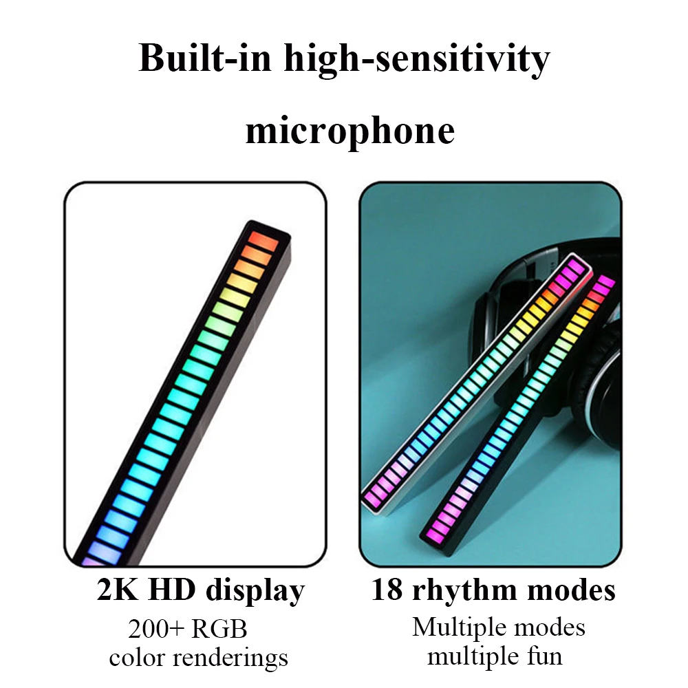 RGB Activated Music Rhythm Lamp Bar Sound Control LED Ambient USB Lights USB Rechargeable Colorful Ambient Light