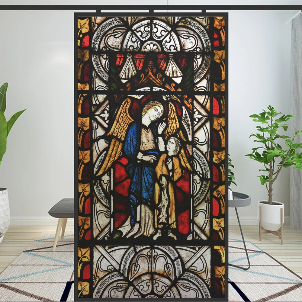 Privacy Window Film UV Blocking Heat Control Window Coverings Static Cling Church Painting Pattern Glass Sticker for Decoration