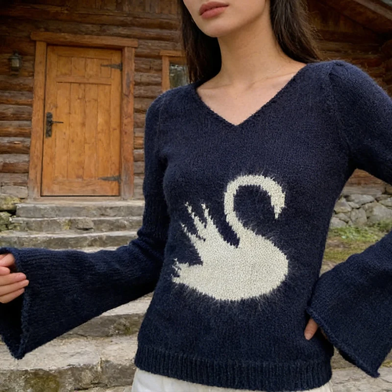 가을 감성 카와이 빈티지 우아한 니트웨어 만화 백조 자카드 긴팔 풀오버 타이트 O넥 트럼펫 소매 스웨터