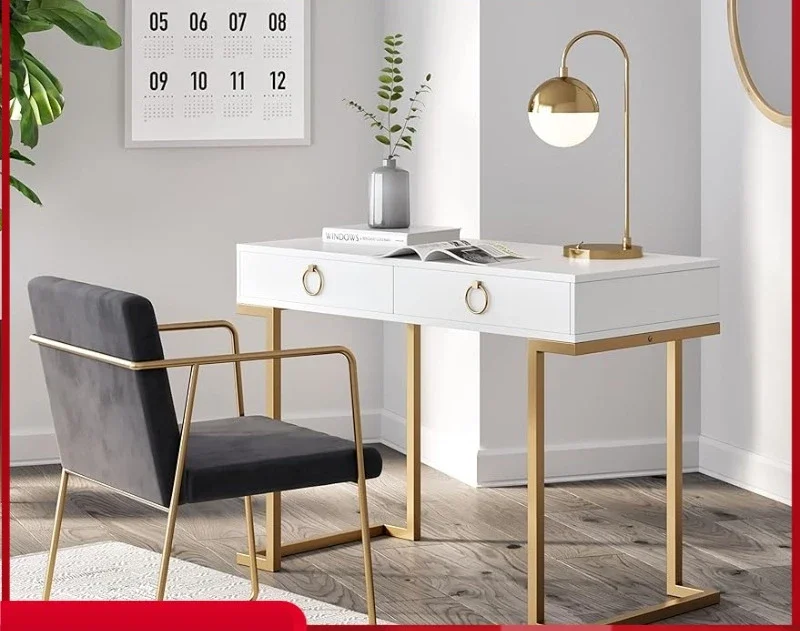 Two-Drawer Writing Glam Accents Brass, Home Office Computer Desk or Vanity Table, 2, White/Gold, Small