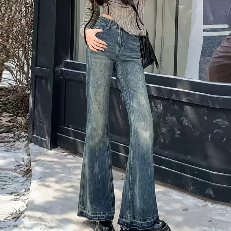 Kinsaga Vintage Horn Mopping Pants Women Korean Pear-Shaped Narrow Wide-Leg Pants Slightly Flared Jeans Horn Mopping Pants