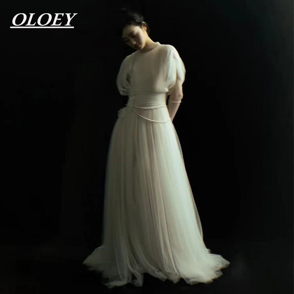 OLOEY Unique O-neck Ivory Wedding Dresses Pleated Tulle Flower Pearls A-line Bridal Gown Customized Vintage Robe De Mariage