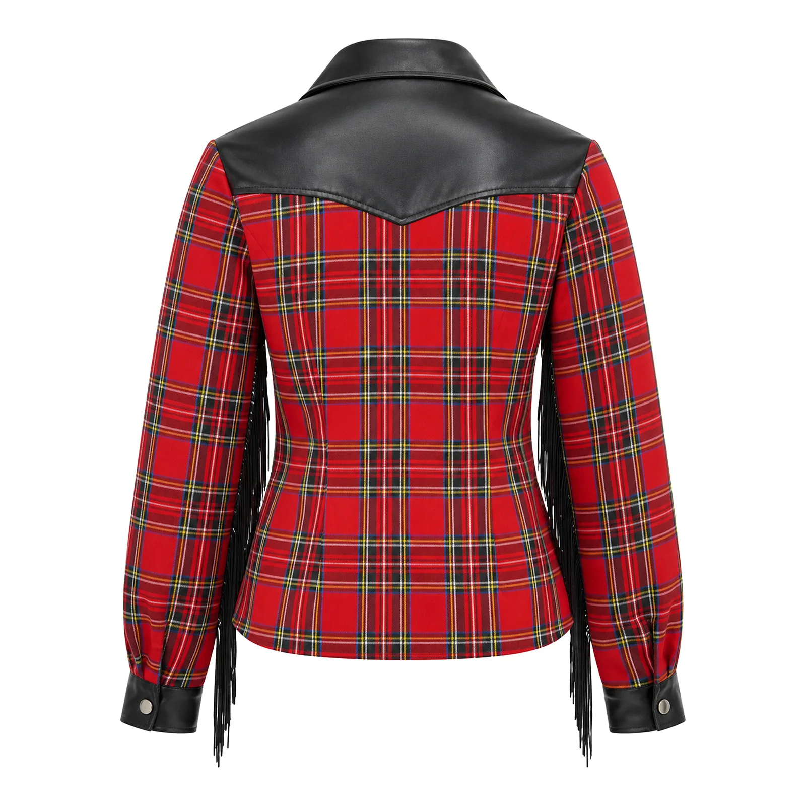 Womens Country Western Cowgirl Shirt Long Sleeve Top Fringe Accent Faux Leather Patchwork Plaid Blouse for Night Clubwear