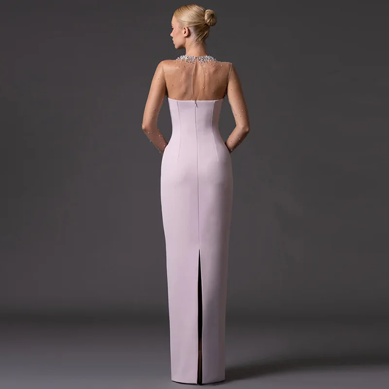 Evening Dress 2026 New European and American Fashion Mesh Splicing Beads Pink Long Dress