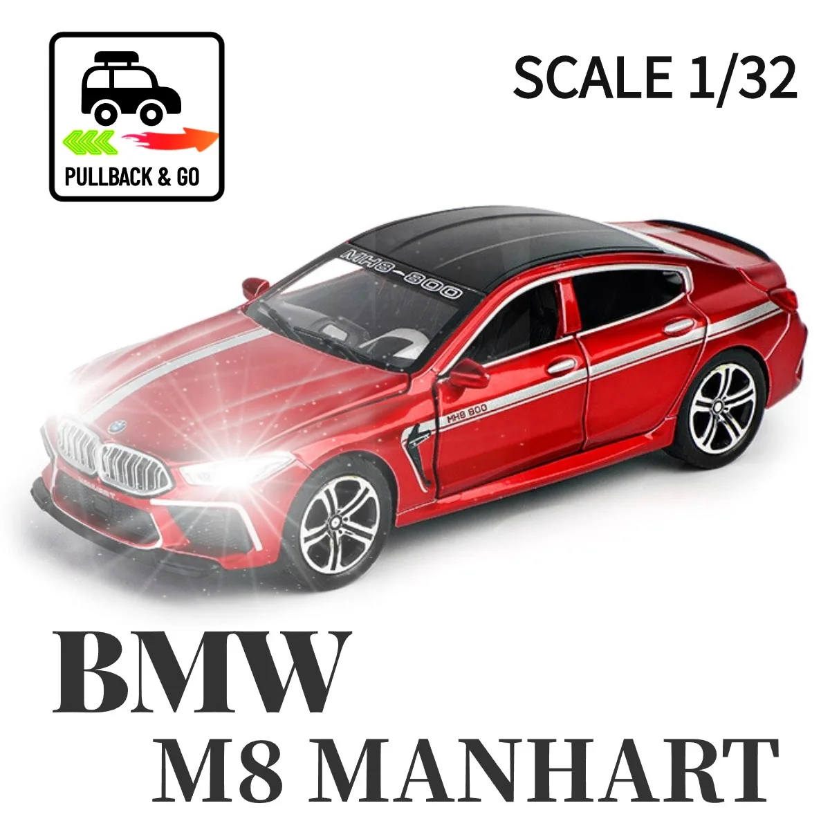 

1:32 BMW M8 Manhart Pullback Car with Lights Engine Sound, Jeep Audi BMW Diecast Car Model Scale Replica Gift Kid Boy Toy